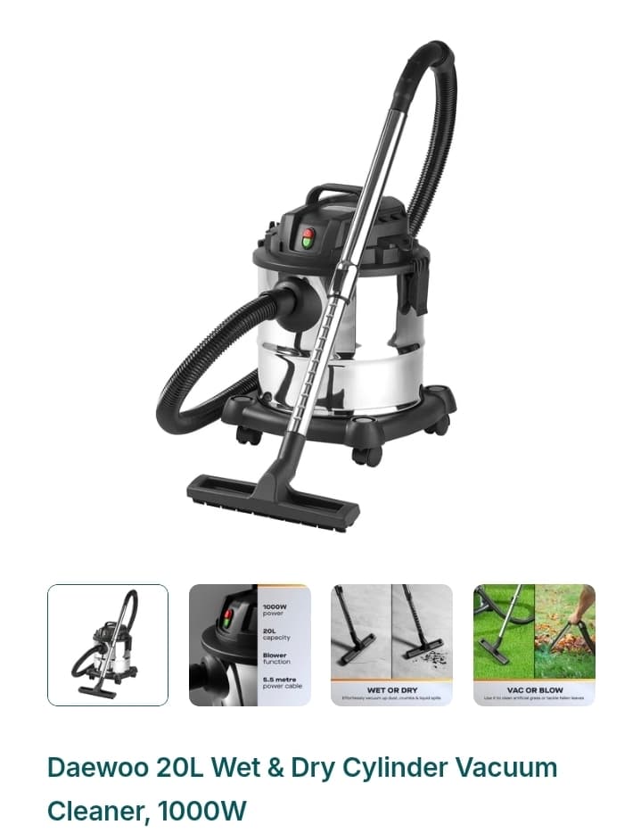 Daewoo 20L Wet & Dry Cylinder Vacuum Cleaner, 1000W